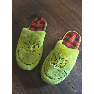Dr Seuss The Grinch Mens Plush Slippers Green Buffalo Plaid Size 11-12 SMF026JGR